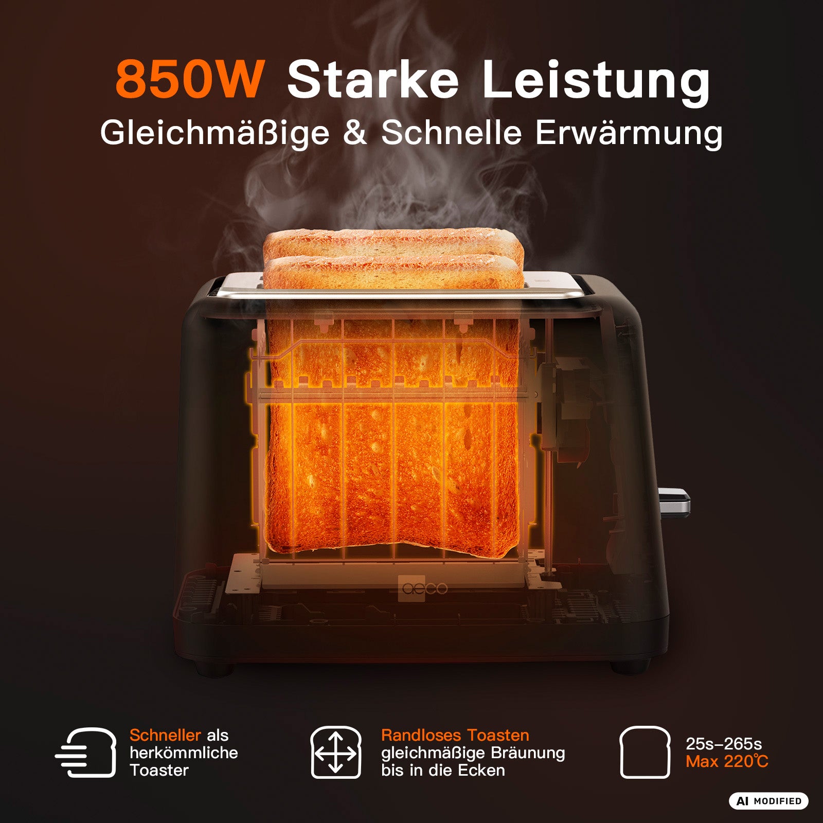 Der aeco toastlab ELITE Touch ist ein schwarzer Toaster, der mit zwei Scheiben geröstetem Brot und leuchtenden Heizelementen im Inneren abgebildet ist. Der deutsche Text hebt die Leistung von 850 W für schnelles, gleichmäßiges Erhitzen hervor. Mit einem intuitiven LCD-Touchdisplay und 10 voreingestellten Programmen sorgt dieser Toaster für eine mühelose individuelle Einstellung und jedes Mal perfekte Ergebnisse. Funktionssymbole zeigen deutlich die wichtigsten Funktionen des toastlab ELITE Touch an.