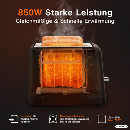 Der aeco toastlab ELITE Touch ist ein schwarzer Toaster, der mit zwei Scheiben geröstetem Brot und leuchtenden Heizelementen im Inneren abgebildet ist. Der deutsche Text hebt die Leistung von 850 W für schnelles, gleichmäßiges Erhitzen hervor. Mit einem intuitiven LCD-Touchdisplay und 10 voreingestellten Programmen sorgt dieser Toaster für eine mühelose individuelle Einstellung und jedes Mal perfekte Ergebnisse. Funktionssymbole zeigen deutlich die wichtigsten Funktionen des toastlab ELITE Touch an.