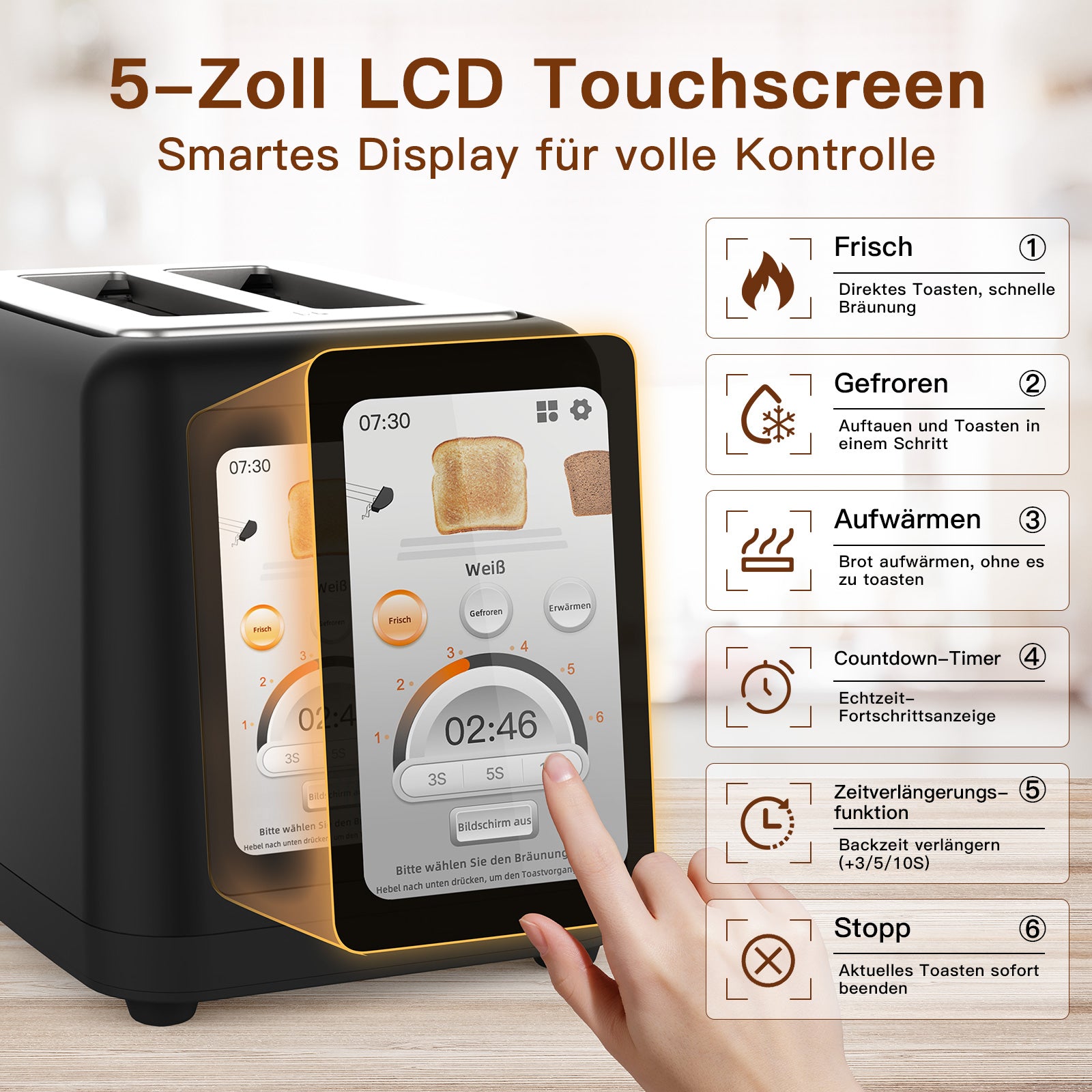 Der aeco toastlab ELITE Touch Toaster verfügt über einen 5-Zoll-LCD-Touchscreen mit 10 voreingestellten Programmen und einstellbaren Toasteinstellungen, die alle in deutscher Sprache angezeigt werden.