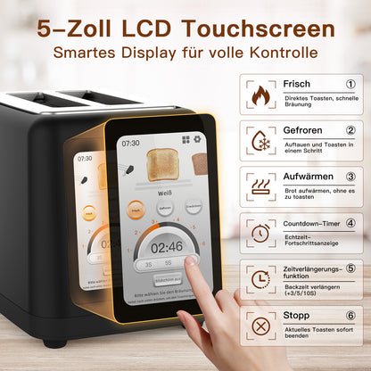 Der aeco toastlab ELITE Touch Toaster verfügt über einen 5-Zoll-LCD-Touchscreen mit 10 voreingestellten Programmen und einstellbaren Toasteinstellungen, die alle in deutscher Sprache angezeigt werden.