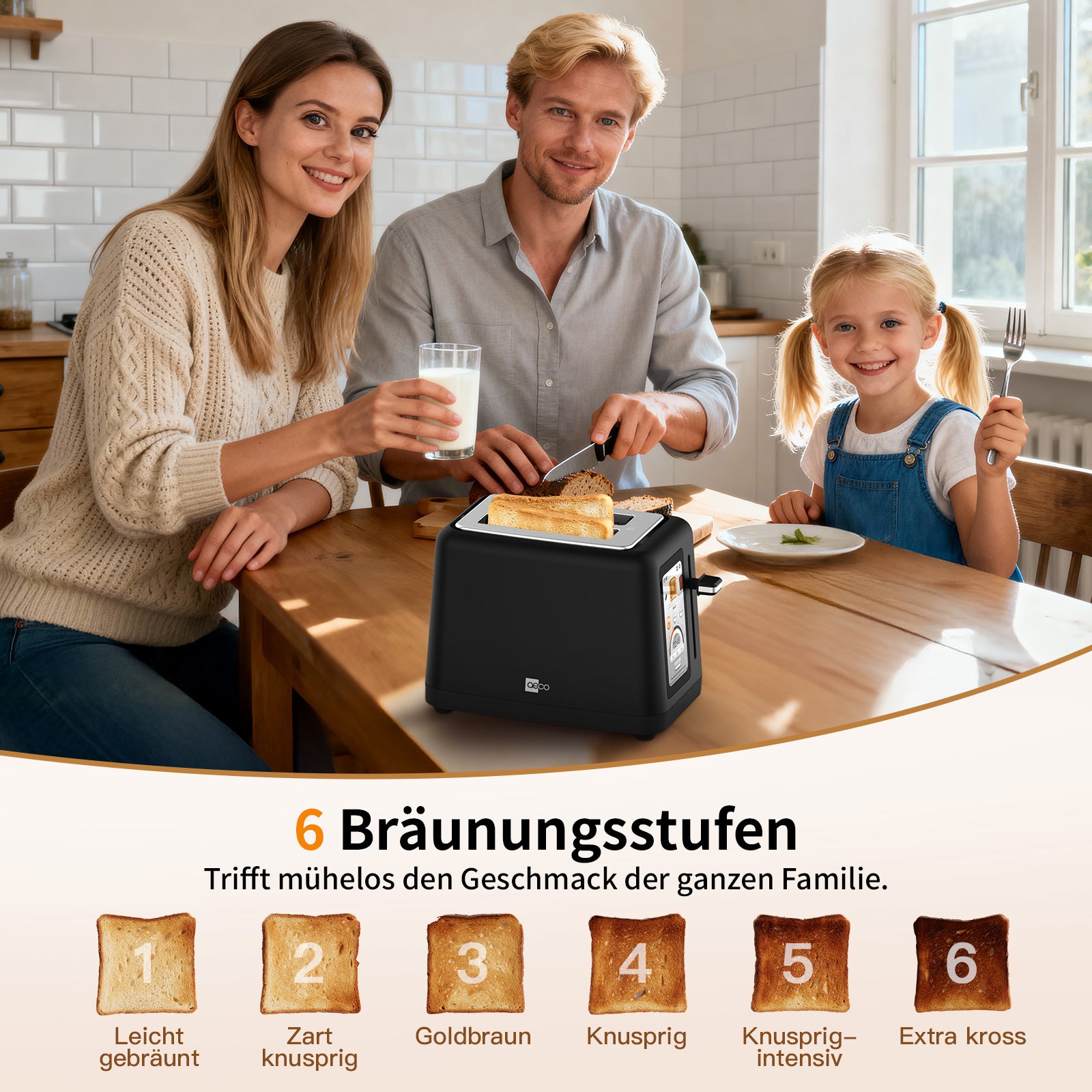 Eine Frau, ein Mann und ein Kind frühstücken an einem Küchentisch mit Toast; im Vordergrund steht der aeco toastlab ELITE Touch Toaster mit LCD-Touch-Display und einer Tabelle mit sechs Bräunungsstufen.