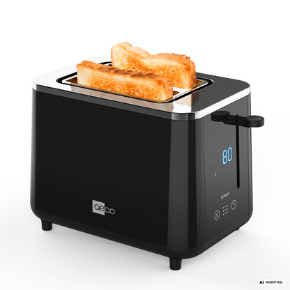 Der „Toastlab PRO ToasterTouch Display“ von Aeco ist ein schwarzer Toaster mit großen Toastschlitzen, zwei Scheiben Toastbrot, einer Digitalanzeige mit der Anzeige „80“ und einem Bedienhebel auf der rechten Seite. Er verfügt über 6 Bräunungsstufen für jedes Mal perfekt auf den persönlichen Geschmack abgestimmten Toast.