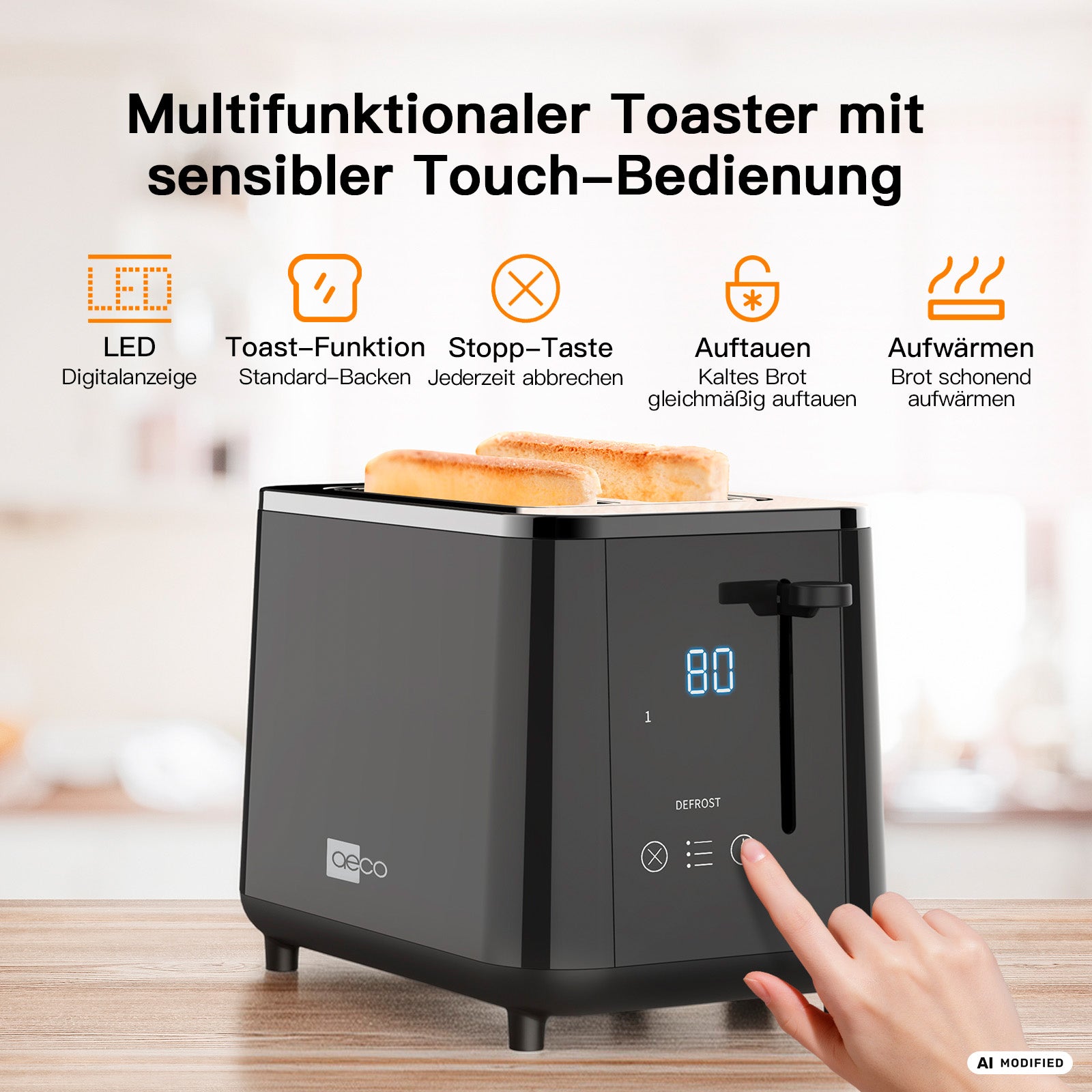 Auf der Arbeitsplatte steht ein aeco toastlab PRO ToasterTouch Display in Schwarz mit extra großen Toastschlitzen, einem digitalen Display und einer elektronischen Steuerung; daneben sind Symbole abgebildet, die seine Hauptfunktionen anzeigen.