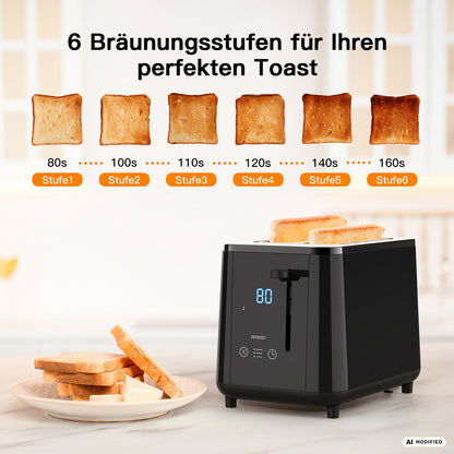 Auf der Küchenarbeitsplatte steht ein schwarzes „aeco toastlab PRO ToasterTouch“-Display mit Toastscheiben, das über besonders große Toastschlitze verfügt. Darüber werden sechs Bräunungsstufen und Zeiten auf Deutsch angezeigt. Neben dem Toaster liegt geröstetes Brot, während seine elektronische Steuerung für präzise Röstergebnisse sorgt.