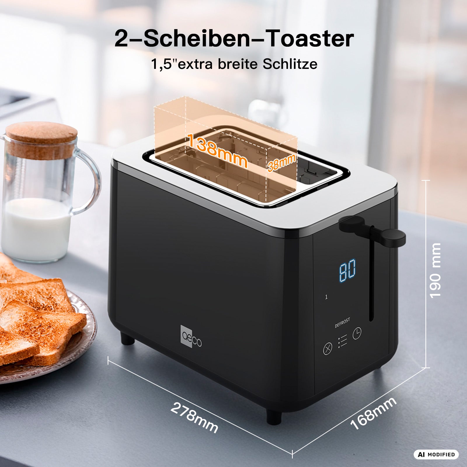 Das aeco toastlab PRO ToasterTouch Display – ein eleganter schwarzer Zweischeiben-Toaster mit elektronischer Steuerung und extra großen Toastschlitzen – steht auf einer Küchenarbeitsplatte neben einem Glas Milch und Toast, wobei seine Abmessungen und Funktionen in deutscher Sprache angegeben sind.