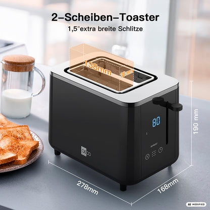 Das aeco toastlab PRO ToasterTouch Display – ein eleganter schwarzer Zweischeiben-Toaster mit elektronischer Steuerung und extra großen Toastschlitzen – steht auf einer Küchenarbeitsplatte neben einem Glas Milch und Toast, wobei seine Abmessungen und Funktionen in deutscher Sprache angegeben sind.