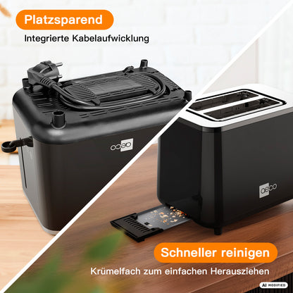 Entdecken Sie zwei Ansichten des aeco toastlab PRO ToasterTouch-Displays: eine, die die praktische Kabelaufbewahrung an der Unterseite zeigt, und eine weitere, auf der die herausgezogene, abnehmbare Krümelfangschale zu sehen ist. Der Text hebt das platzsparende Design und die einfachen Reinigungsmöglichkeiten hervor, ebenso wie die großen Toastschlitze und die 6 Bräunungsstufen für individuelles Toasten.
