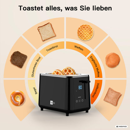 Ein schwarzer aeco toastlab PRO ToasterTouch mit großen Toastschlitzen und elektronischer Steuerung verfügt über ein digitales Display, während er Waffeln, Brot, glutenfreies Brot, Bagels, Vollkornbrot und English Muffins toastet – alles in einem halbkreisförmigen Diagramm dargestellt. Der deutsche Text erscheint oben.