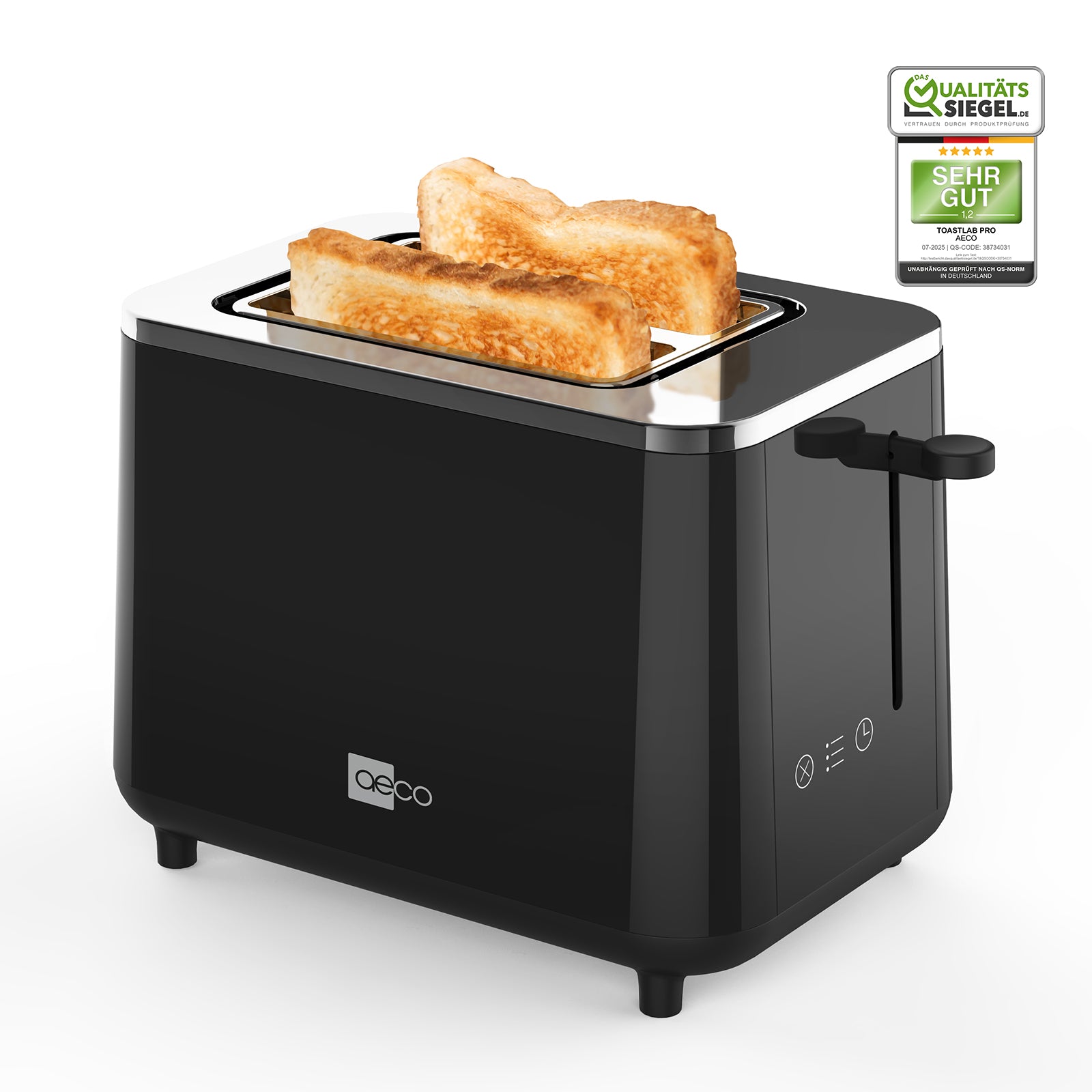 Das aeco toastlab PRO ToasterTouch Display in Schwarz zeigt zwei getoastete Scheiben und ein Qualitätssiegel in der oberen rechten Ecke an.