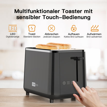 Der aeco toastlab PRO ToasterTouch Display ist ein schwarzer Multifunktionstoaster mit zwei Brotscheiben, einem Touch-Bedienfeld und deutsch beschrifteten Funktionen.