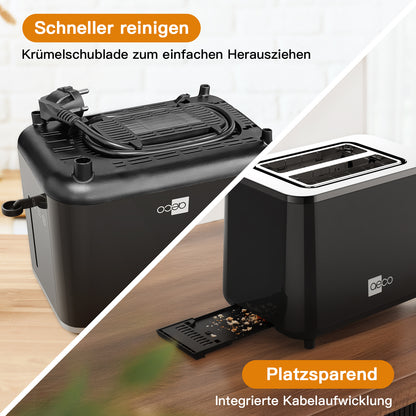 Der aeco toastlab PRO ToasterTouch Display in Schwarz verfügt über eine herausnehmbare Krümelschublade und eine integrierte Kabelaufbewahrung, dargestellt aus zwei verschiedenen Blickwinkeln.