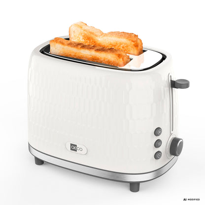 Der aeco toastlab ONE Toaster von aeco, der vor einem schlichten weißen Hintergrund abgebildet ist, besticht durch ein stilvolles weißes Wabendesign und wird beim Toasten von zwei Scheiben Brot gezeigt. Er verfügt über große Toastschlitze für alle Brotgrößen und 7 Bräunungsstufen für perfekte Bräunungsergebnisse.