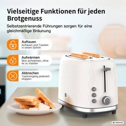 Ein weißer aeco toastlab ONE Toaster mit zwei großen Toastschlitzen für zwei Brotscheiben, ausgestattet mit Auftau-, Aufwärm- und Abbruchtaste. Deutsche Beschriftungen heben die 7 einstellbaren Bräunungsstufen für gleichmäßiges Toasten und vielseitigen Brotgenuss hervor.