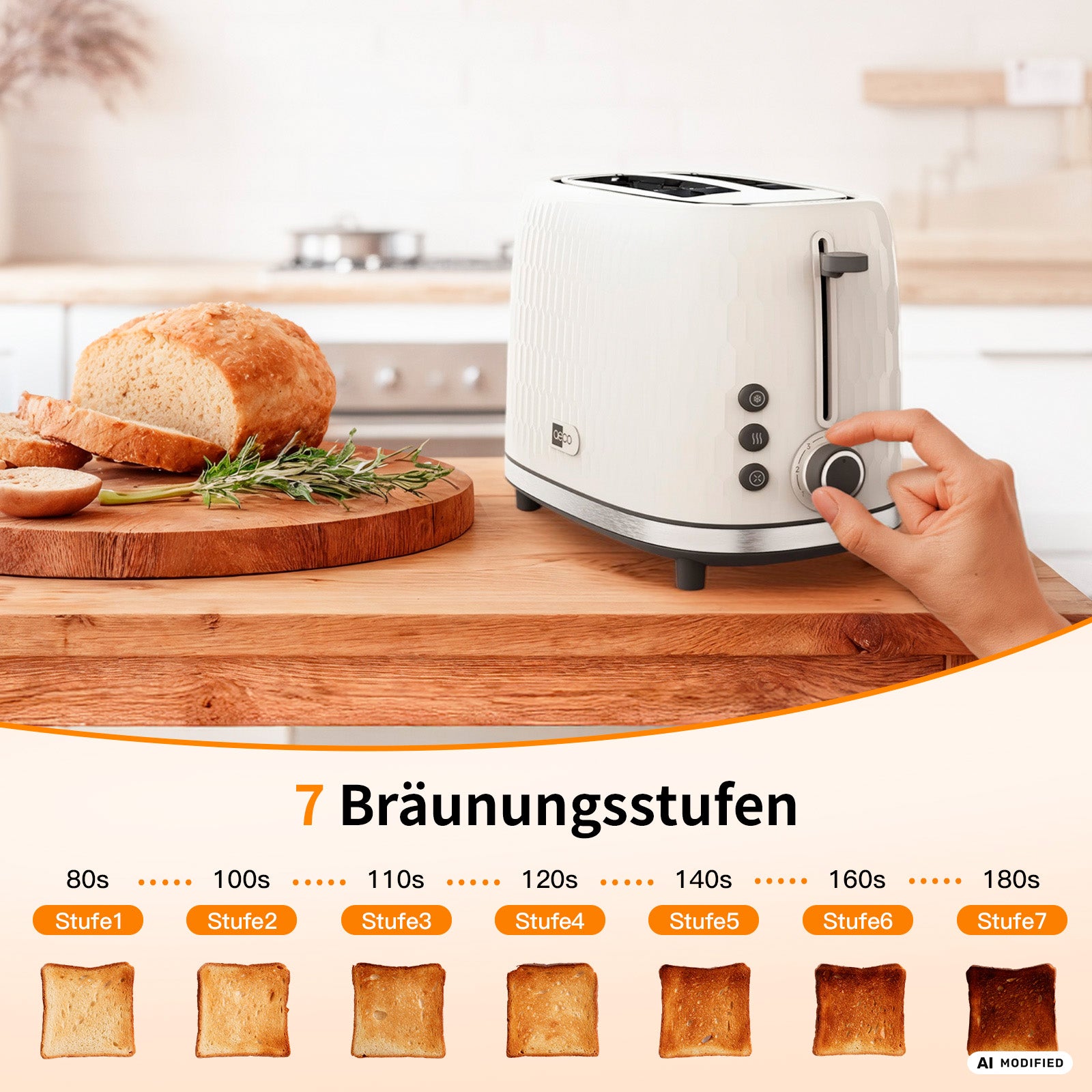 Eine Hand stellt den Drehregler an einem weißen „aeco toastlab ONE“-Toaster mit großen Toastschlitzen neben einer Scheibe Toastbrot ein. Darunter befinden sich 7 Bräunungsstufen, die jeweils mit der Zeit und der entsprechenden Toastfarbe beschriftet sind.