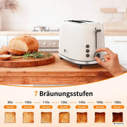 Eine Hand stellt den Drehregler an einem weißen „aeco toastlab ONE“-Toaster mit großen Toastschlitzen neben einer Scheibe Toastbrot ein. Darunter befinden sich 7 Bräunungsstufen, die jeweils mit der Zeit und der entsprechenden Toastfarbe beschriftet sind.