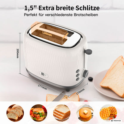 Der Toaster „aeco toastlab ONE“ von aeco in Weiß verfügt über extragroße, 1,5 Zoll breite Toastschlitze, die zusammen mit detaillierten Maßen abgebildet sind; darunter sind verschiedene Brotsorten und geröstete Speisen zu sehen, die die Vielseitigkeit des Geräts verdeutlichen, sowie die 7 Bräunungsstufen für stets perfekte Ergebnisse.