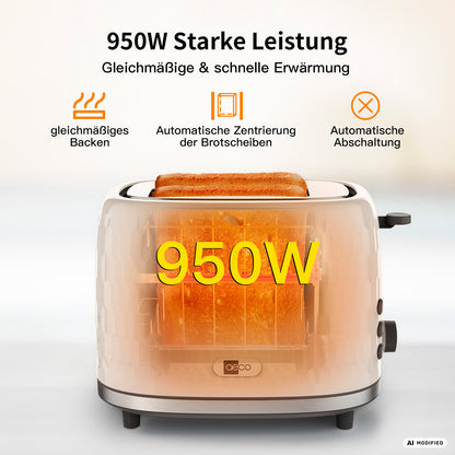 Der aeco toastlab ONE Toaster von aeco ist ein weißer Toaster mit einer Leistung von 950 W, extra großen Toastschlitzen und automatischer Brotscheibenzentrierung. Er verfügt über 7 Bräunungsstufen sowie eine automatische Abschaltfunktion für das gleichmäßige Toasten von zwei Brotscheiben.