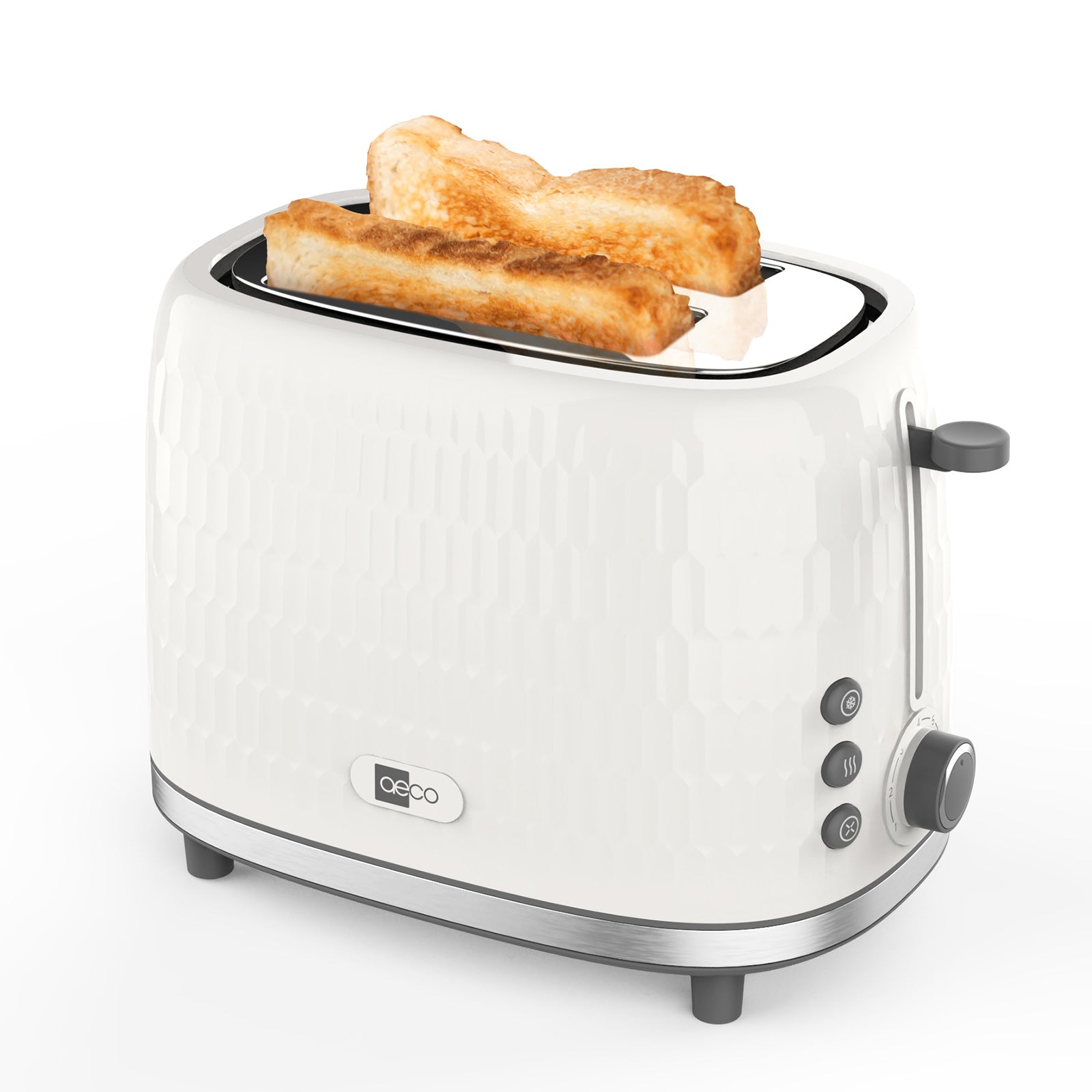 Der aeco toastlab ONE MT-RW2L22W ist ein weißer Toaster, der zwei getoastete Brotscheiben aufnimmt und mit seitlichen Tasten und einem Drehrad ausgestattet ist.