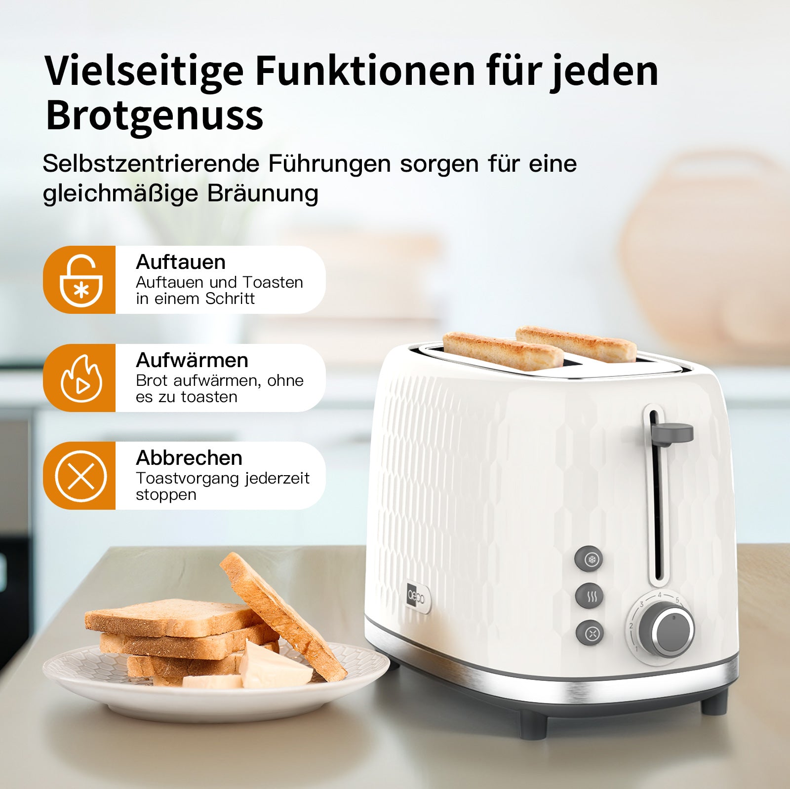Aeco toastlab ONE MT-RW2L22W: Der weiße Toaster mit Bedientasten fasst zwei Brotscheiben und drei getoastete Scheiben auf einem Teller. Der deutsche Text hebt die Funktionen Auftauen, Aufwärmen und Abbrechen hervor.