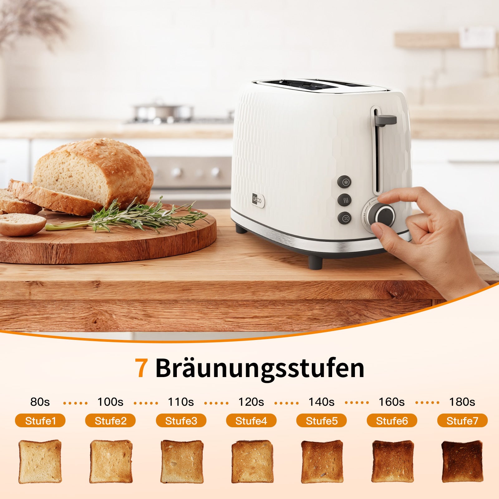 Ein Zeiger verstellt den Drehregler eines weißen Toasters aeco toastlab ONE MT-RW2L22W neben dem aufgeschnittenen Brot. Darunter befindet sich eine Tabelle mit 7 Bräunungsstufen und deren Zeiten in Sekunden.