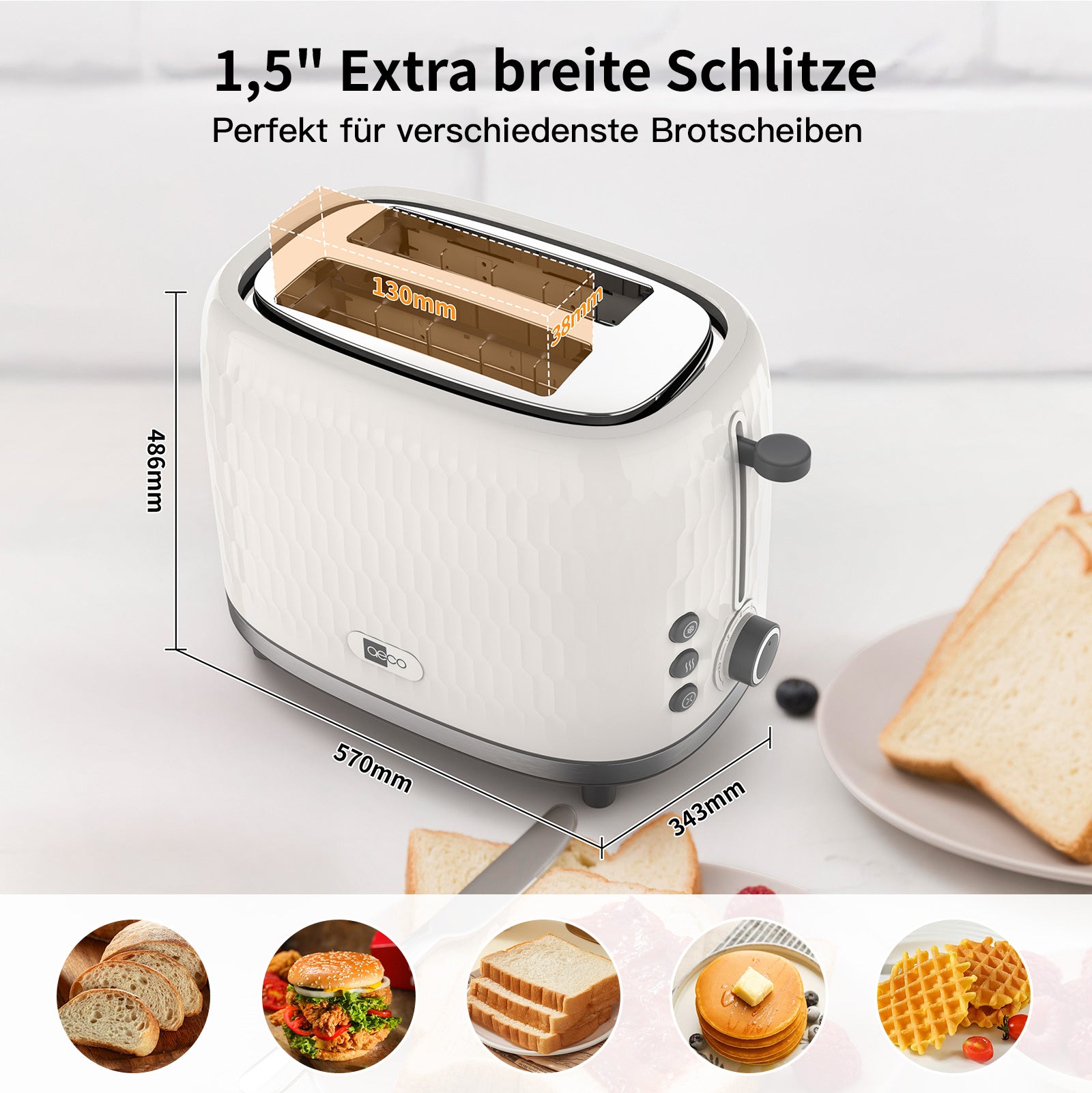 Der Toaster aeco toastlab ONE MT-RW2L22W ist in Weiß auf weißem Hintergrund abgebildet.