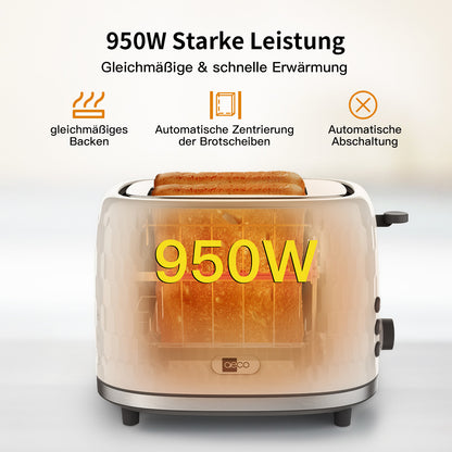 Der Toaster aeco toastlab ONE MT-RW2L22W verfügt über eine Leistung von 950 W, gleichmäßige Erhitzung, automatische Brotzentrierung und automatische Abschaltung. Abgebildet in Silber mit zwei Scheiben Brot im Inneren.
