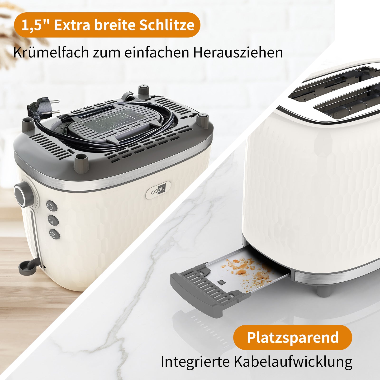 Der weiße Toaster aeco toastlab ONE MT-RW2L22W mit extrabreiten Schlitzen, herausnehmbarem Krümelfach und integrierter Kabelaufbewahrung steht auf einer Küchentheke und ist mit deutschem Text versehen, der seine Funktionen hervorhebt.