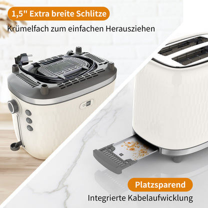 Der weiße Toaster aeco toastlab ONE MT-RW2L22W mit extrabreiten Schlitzen, herausnehmbarem Krümelfach und integrierter Kabelaufbewahrung steht auf einer Küchentheke und ist mit deutschem Text versehen, der seine Funktionen hervorhebt.