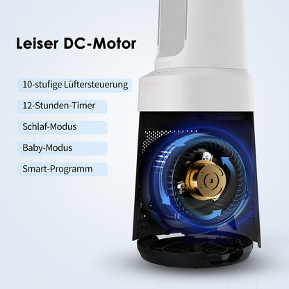 Diagramm des aeco AirX Guard 2in1-Ventilator & Luftreiniger mit HEPA-Filter - zeigt den internen DC-Motor; mit 10-Stufen-Regelung, 12-Stunden-Timer, Schlaf-/Baby-Modus, HEPA-13-Filter (ideal für Allergiker) und intelligentem Reinigungsprogramm.