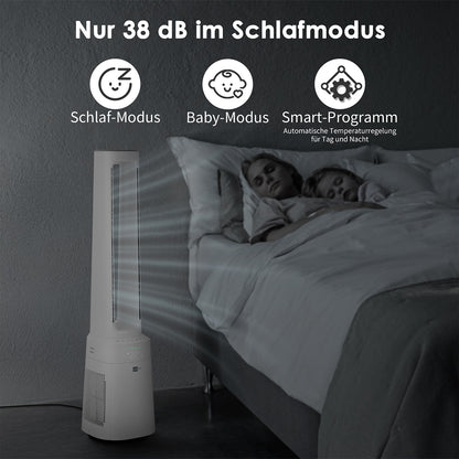 Der aeco AirX Guard 2in1 - Ventilator & Luftreiniger mit HEPA Filter läuft leise neben schlafendem Erwachsenen und Kind; Icons und deutscher Text zeigen Schlaf-, Baby- und Smart-Modus - ideal für Allergiker.