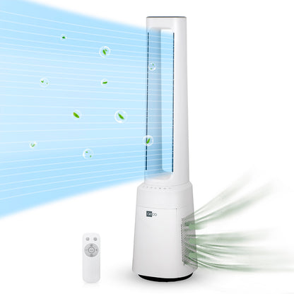 Der aeco AirX Guard 2in1 Ventilator & Luftreiniger mit HEPA-Filter gibt kühle, saubere Luft mit grünen und blauen Mustern ab, enthält eine Fernbedienung und ist ideal als Luftreiniger für Allergiker.