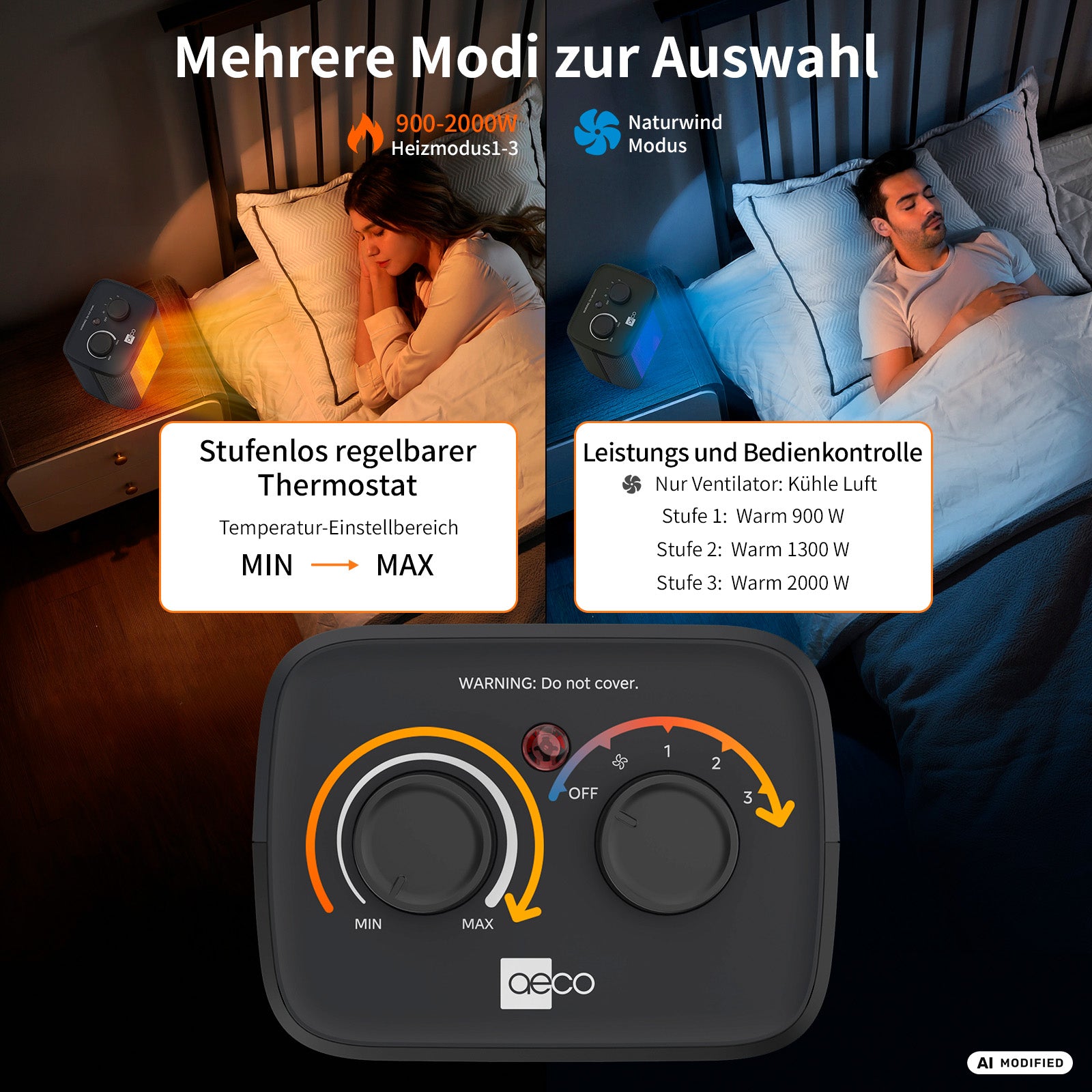 Ein Mann und eine Frau schlafen in getrennten Betten, zwischen denen auf dem Nachttisch ein aeco EcoHeat One steht; eine Nahaufnahme des Bedienfelds des Heizgeräts zeigt einen einstellbaren Thermostat und verschiedene Heizstufen für individuellen Komfort.
