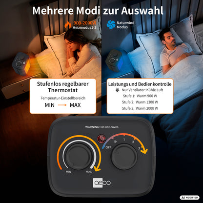 Ein Mann und eine Frau schlafen in getrennten Betten, zwischen denen auf dem Nachttisch ein aeco EcoHeat One steht; eine Nahaufnahme des Bedienfelds des Heizgeräts zeigt einen einstellbaren Thermostat und verschiedene Heizstufen für individuellen Komfort.