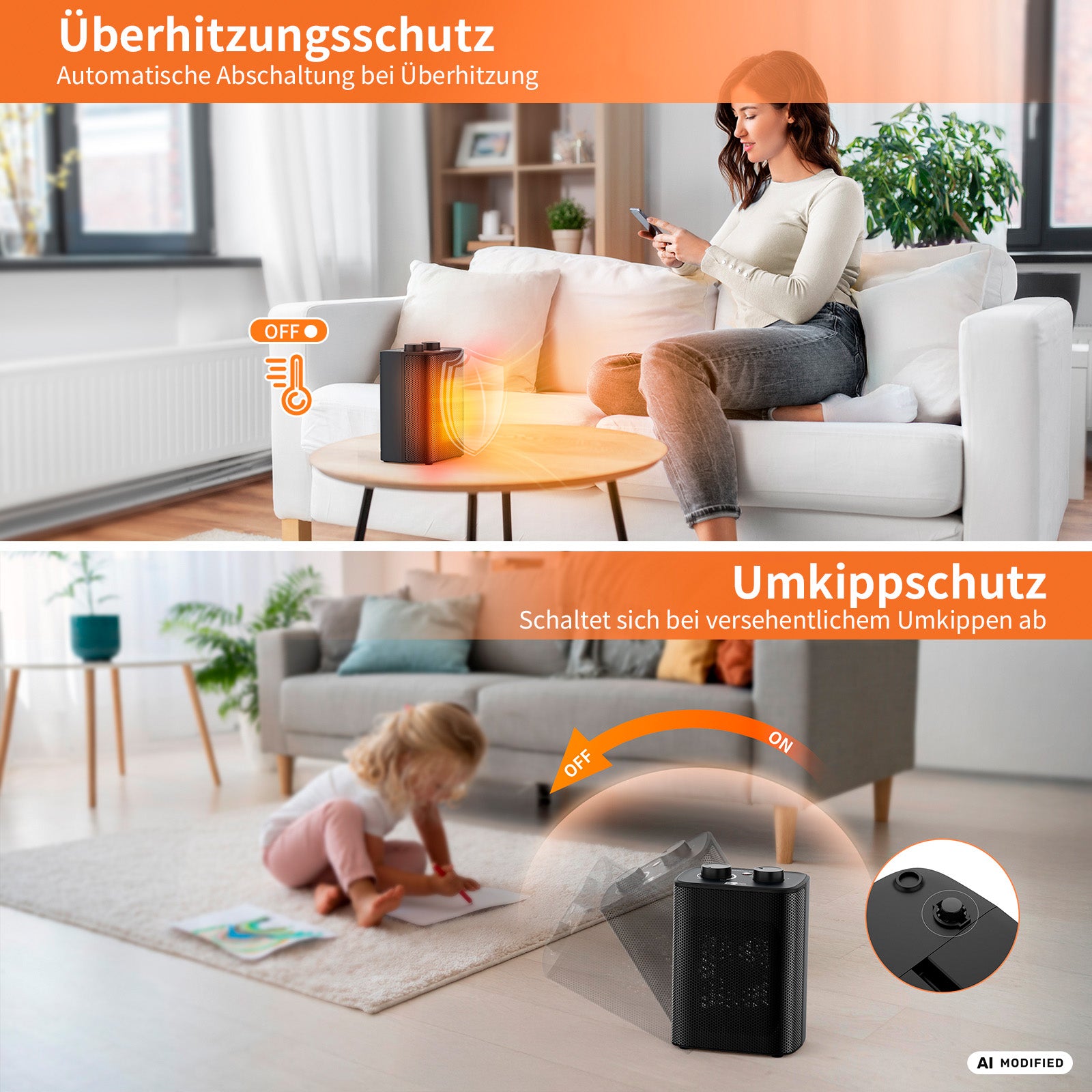 Eine Frau entspannt sich auf einem Sofa in der Nähe des aeco EcoHeat One, während unten ein Kind neben dem Heizgerät spielt, das umgekippt ist – und damit seine automatische Abschaltung bei Überhitzung und seinen Kippschutz sowie seine integrierte Lüfterfunktion demonstriert.