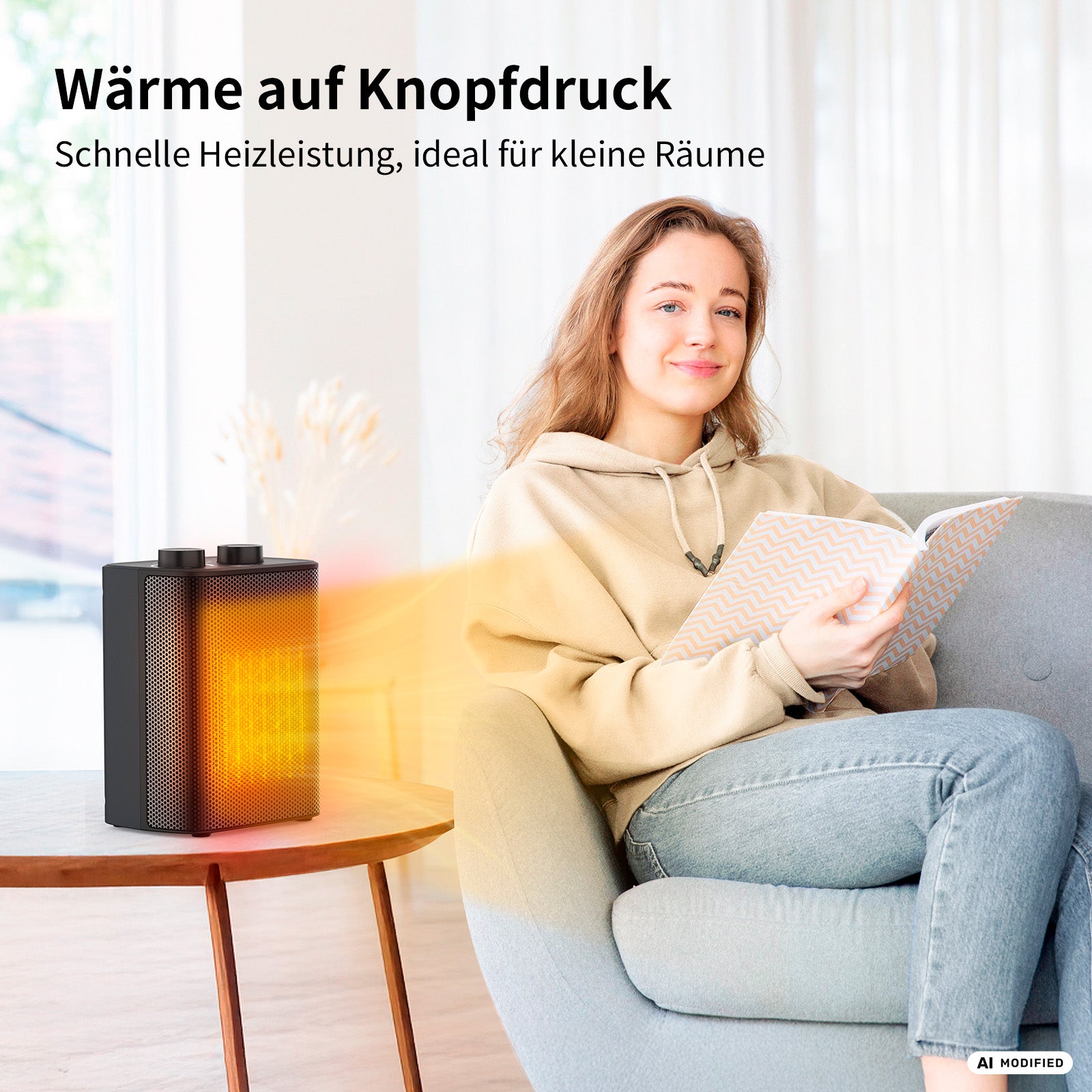 Eine Frau entspannt sich auf dem Sofa und liest ein Buch, während der aeco EcoHeat One das helle Wohnzimmer beheizt – dank seines Thermostats und der einstellbaren Heizstufen sorgt er für perfekten Komfort.