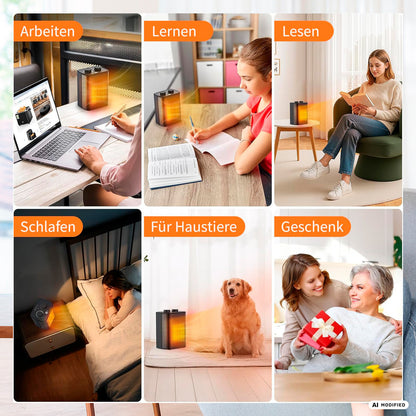 Collage mit dem aeco EcoHeat One, einem kompakten Heizgerät mit Gebläsefunktion und verschiedenen Heizstufen, das beim Arbeiten, Lernen, Lesen, Schlafen, für Haustiere, als Geschenk sowie zusammen mit Menschen und einem Hund in verschiedenen Wohnumgebungen gezeigt wird.