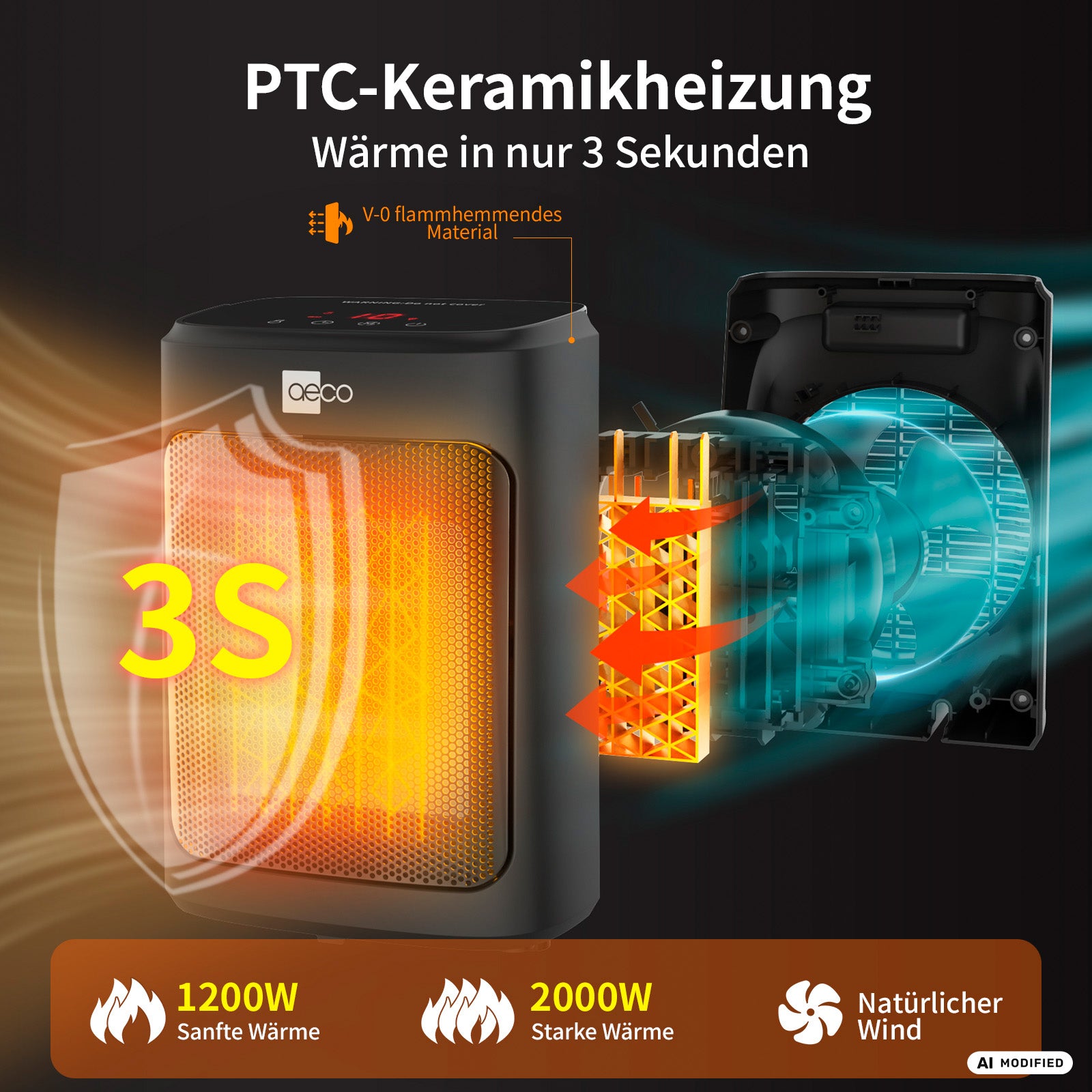 Der aeco EcoHeat Core Keramikheizstrahler in Schwarz und Orange verfügt über ein langlebiges Keramikheizelement. Die deutsche Beschriftung hebt die schnelle Aufheizzeit von 3 Sekunden, wählbare Leistungsstufen (1200 W oder 2000 W), die feuerfeste Bauweise sowie eine abnehmbare Rückwand hervor. Der EcoHeat Core Heizlüfter von aeco sorgt für effiziente und sichere Wärme in Ihren Räumen.