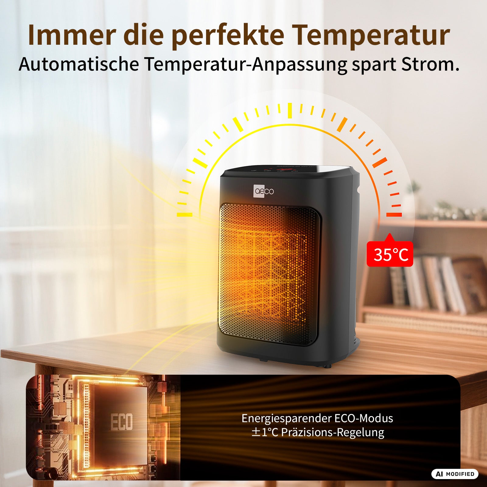 Ein schwarzer Elektroheizkörper von aeco mit Keramikheizelement zeigt 35 °C an. Grafiken heben die automatische Temperaturanpassung, den energiesparenden ECO-Modus (EcoHeat Core) und die präzise Regelung mit ±1 °C hervor. Der Text ist auf Deutsch.