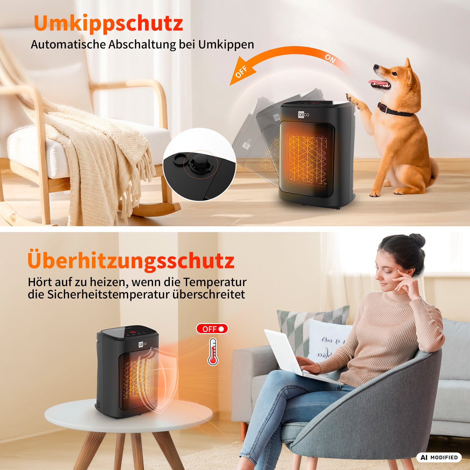 Wenn ein Hund ein Heizgerät umstößt, schaltet es sich automatisch aus; unten sitzt eine Frau neben dem aeco EcoHeat Core mit Keramikheizelement, das sich bei Überhitzung abschaltet – ein Beispiel für die fortschrittlichen Sicherheitsmerkmale des EcoHeat Core.