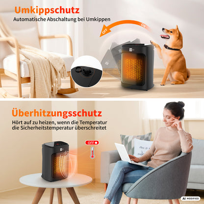 Wenn ein Hund ein Heizgerät umstößt, schaltet es sich automatisch aus; unten sitzt eine Frau neben dem aeco EcoHeat Core mit Keramikheizelement, das sich bei Überhitzung abschaltet – ein Beispiel für die fortschrittlichen Sicherheitsmerkmale des EcoHeat Core.