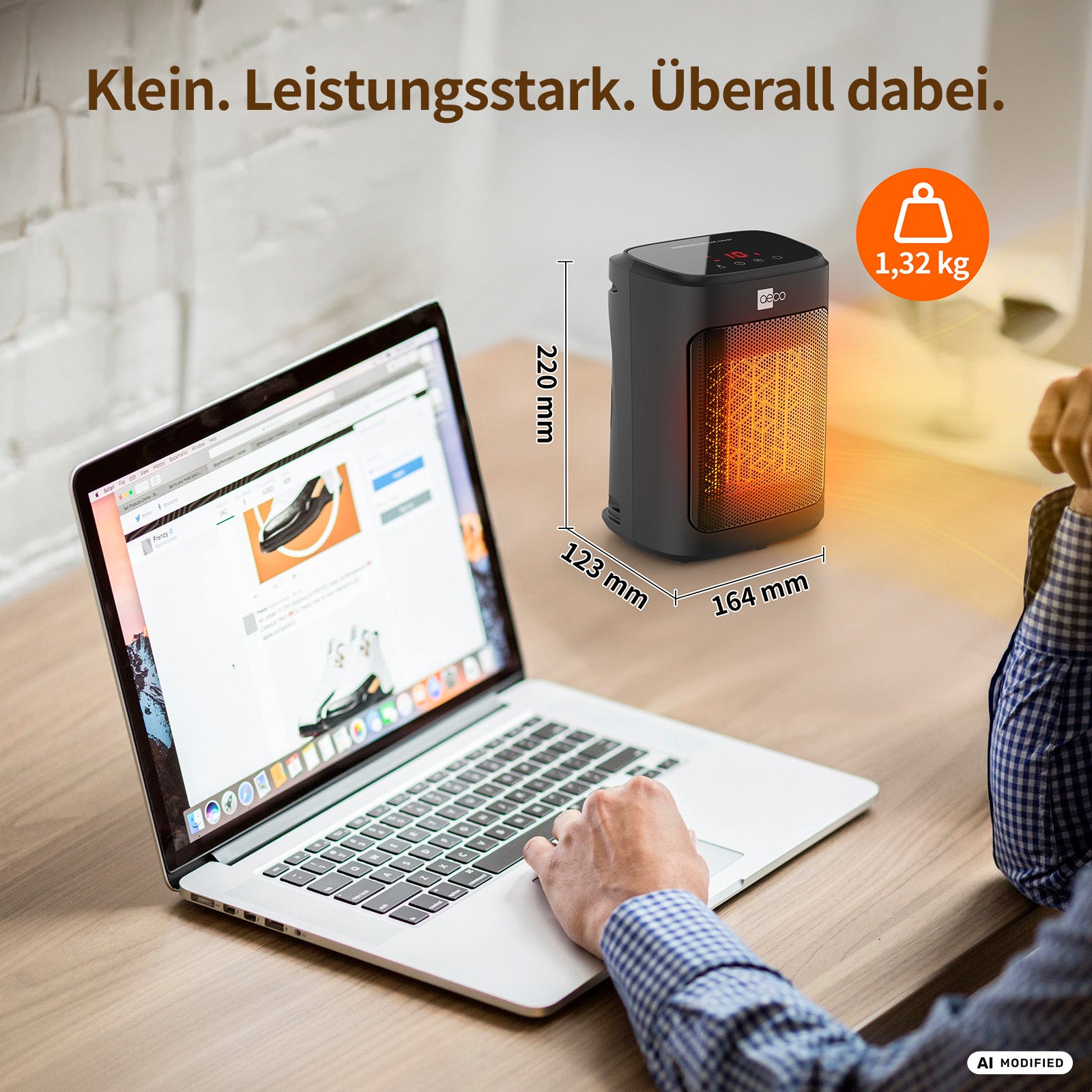 Ein Elektroheizgerät „EcoHeat Core“ von aeco mit kompaktem Design und Keramikheizelement steht neben einem Laptop auf einem Schreibtisch. Die Produktabmessungen, das Gewicht und der deutsche Text unterstreichen seine Tragbarkeit und hohe Leistungsfähigkeit. Das Heizgerät sorgt für zuverlässige Wärme und gewährleistet gleichzeitig Sicherheit durch einen integrierten Überhitzungsschutz.
