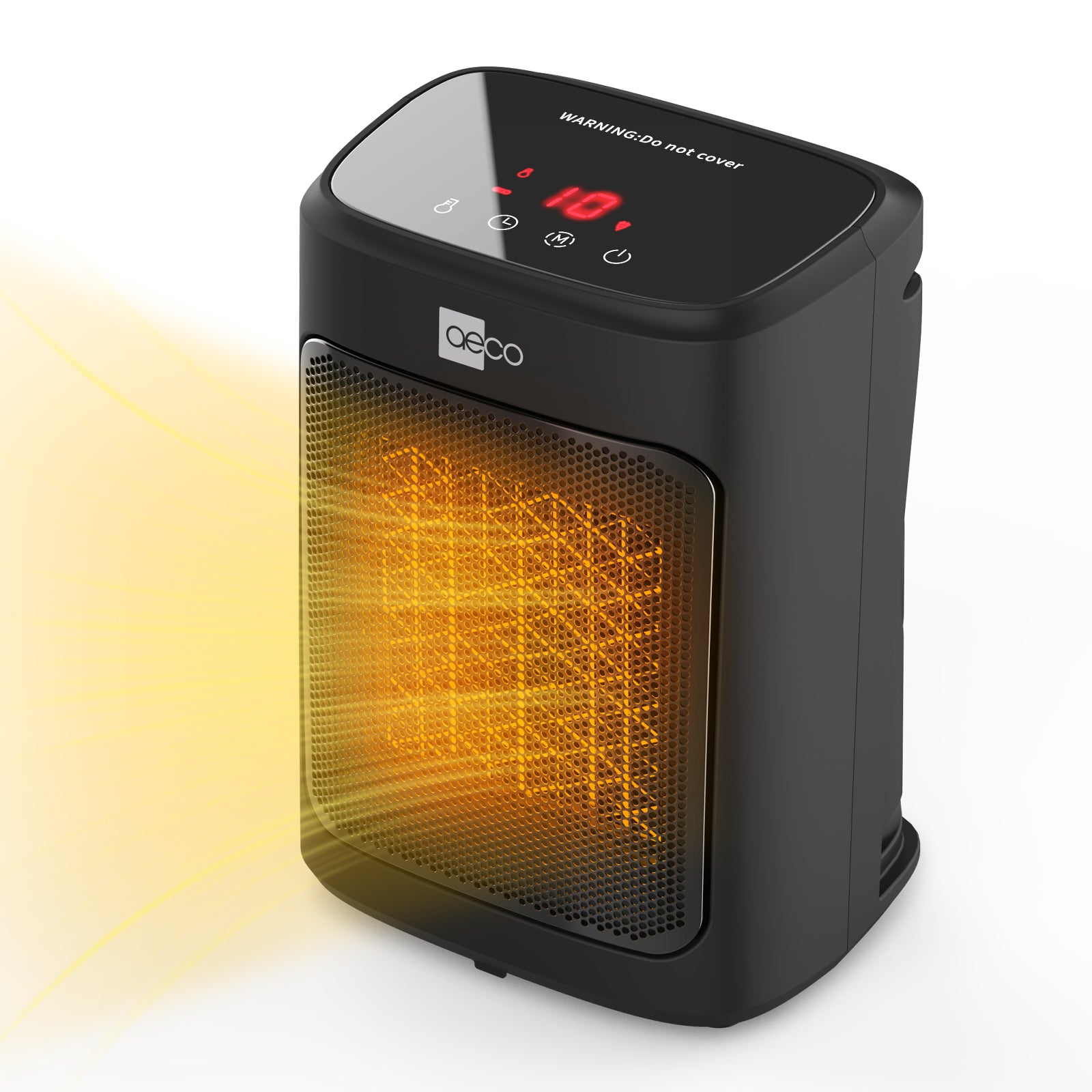 Der aeco EcoHeat Core ist ein schwarzer, tragbarer Elektroheizer mit digitaler Steuerung, der auf seinem Display 10°C anzeigt und sichtbares warmes Licht aus dem Frontgrill ausstrahlt.