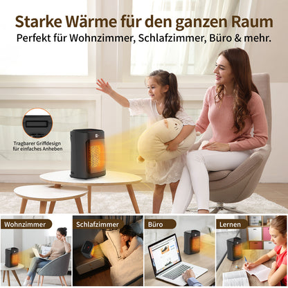 Eine Frau und ein Kind sitzen neben dem tragbaren Heizgerät EcoHeat Core von aeco in einem Wohnzimmer. Andere Bilder zeigen den Einsatz in einem Schlafzimmer, einem Büro und einem Arbeitsbereich. Der deutsche Text hebt seine Eigenschaften hervor.