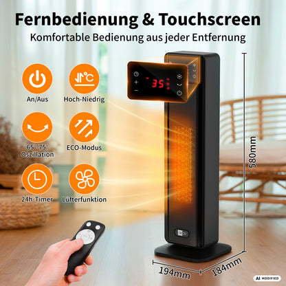 Ein schwarzer aeco EcoHeat Boost-Turmheizkörper mit digitaler Anzeige, eingestellt auf 35 °C, wird zusammen mit einem deutschen Text präsentiert, der Eigenschaften wie „energiesparende Heizung“, „Heizlüfter mit Fernbedienung“, „ECO-Modus“, „Oszillation“ sowie die Abmessungen des Geräts hervorhebt. Im Vordergrund hält eine Hand die Fernbedienung.