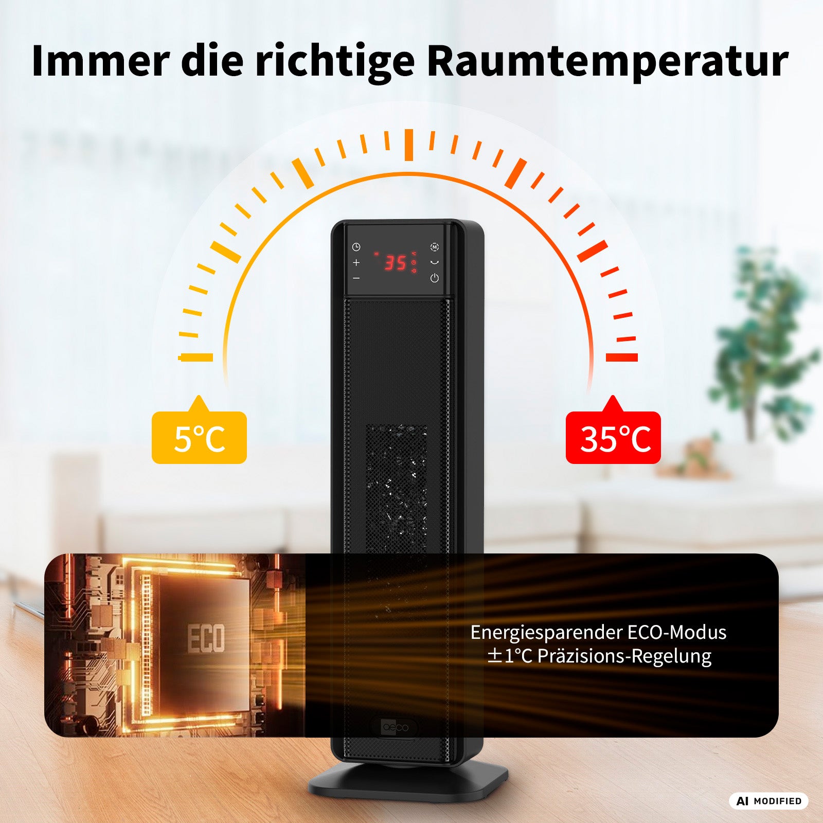 Der digitale Keramik-Heizlüfter „aeco EcoHeat Boost“ zeigt 35 °C an; grafische Darstellungen verdeutlichen den einstellbaren Temperaturbereich von 5 °C bis 35 °C, einen energiesparenden ECO-Modus sowie eine Präzisionsregelung von ±1 °C – eine energiesparende Heizlösung für Wohnräume.