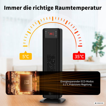 Der digitale Keramik-Heizlüfter „aeco EcoHeat Boost“ zeigt 35 °C an; grafische Darstellungen verdeutlichen den einstellbaren Temperaturbereich von 5 °C bis 35 °C, einen energiesparenden ECO-Modus sowie eine Präzisionsregelung von ±1 °C – eine energiesparende Heizlösung für Wohnräume.