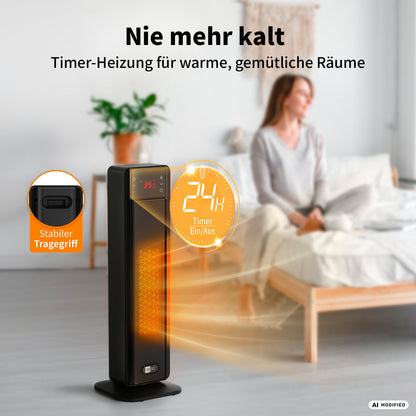 Im Hintergrund sitzt eine Frau auf einem Bett, während im Vordergrund ein aeco EcoHeat Boost Keramik-Heizlüfter mit LED-Anzeige in Betrieb ist, wodurch dessen Timer-Funktion und der Tragegriff besonders hervorgehoben werden – eine ideale, energiesparende Wärme- und Heizlösung für Wohnräume.