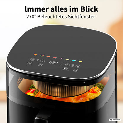 Der schwarze aeco Touch Airfryer 5,7 Liter verfügt über eine digitale Touch-Bedienung und ein großzügiges Fassungsvermögen von 5,7 Litern sowie ein beleuchtetes 270-Grad-Sichtfenster, durch das Sie den Garvorgang Ihrer Speisen im Inneren beobachten können. Eine deutsche Beschreibung oben hebt dieses Merkmal hervor.