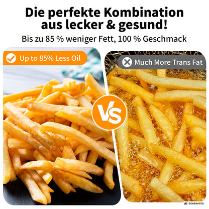 Pommes frites, die im aeco Touch Airfryer 5,7 Liter (links) mit bis zu 85 % weniger Öl zubereitet wurden, im Vergleich zu Pommes frites mit einem höheren Transfettgehalt (rechts) – ein Beleg für die gesundheitlichen Vorteile einer fettarmen Zubereitung.