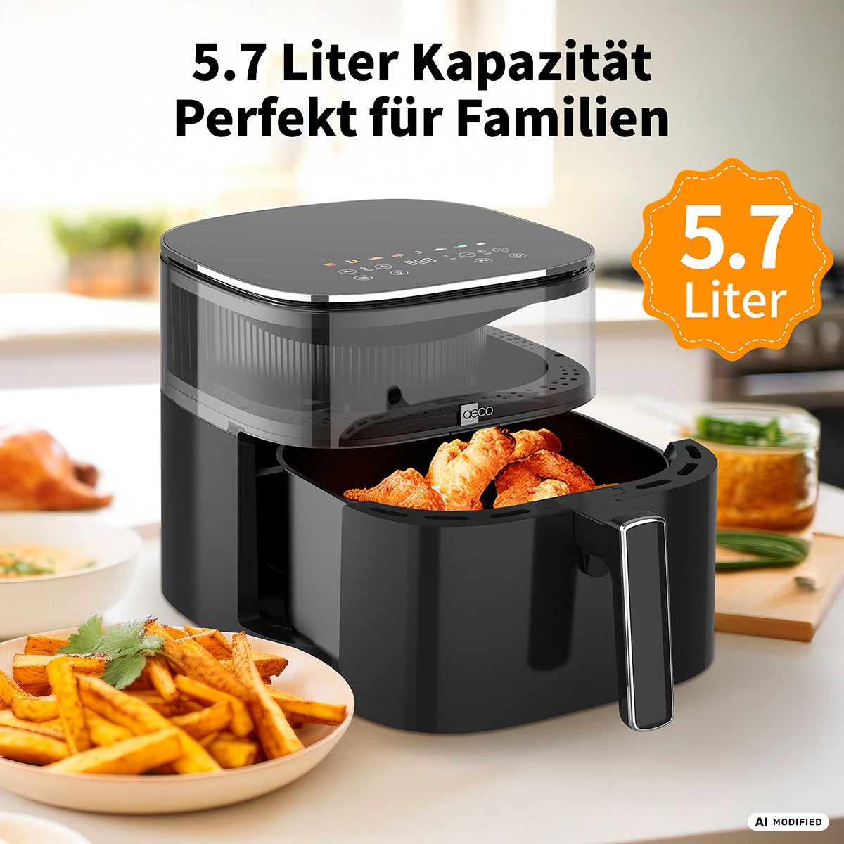 Ein schwarzer aeco Touch Airfryer mit 5,7 Litern Fassungsvermögen steht auf einer Küchenarbeitsplatte, gefüllt mit gebratenem Hähnchen, umgeben von Tellern mit Pommes frites und Salat. Ein Text hebt das großzügige Fassungsvermögen von 5,7 Litern hervor, wodurch sich das Gerät perfekt für Familien eignet.